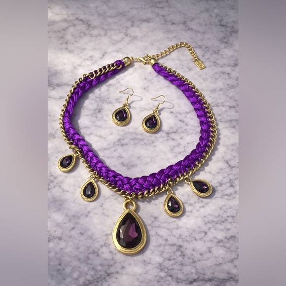 Jewelry - Purple & Gold Statement Jewelry Set – Braided Necklace + Teardrop Gem Earrings